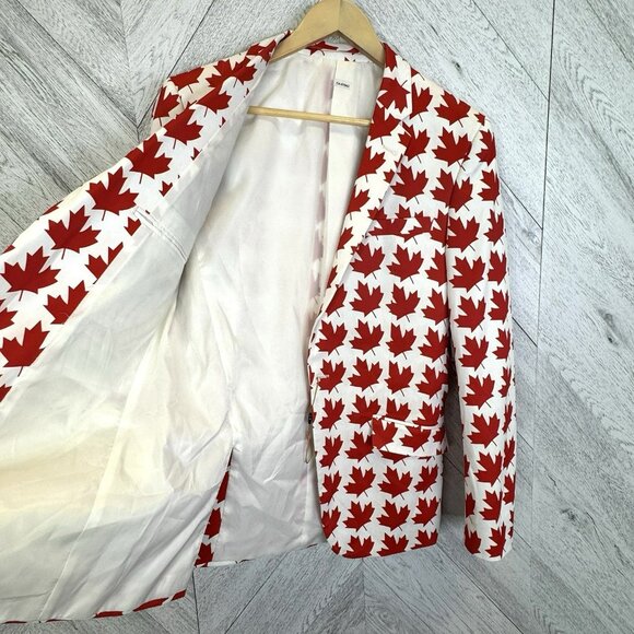 Suslo Blazer Canada Maple Leaf Print Mens Medium 40 Slim Fit Red White Canadian - Picture 4 of 9